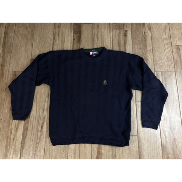 Vtg 90s Chaps Ralph Lauren Sweater Large Navy Crewneck Cotton Herringbone Knit - Picture 9 of 10